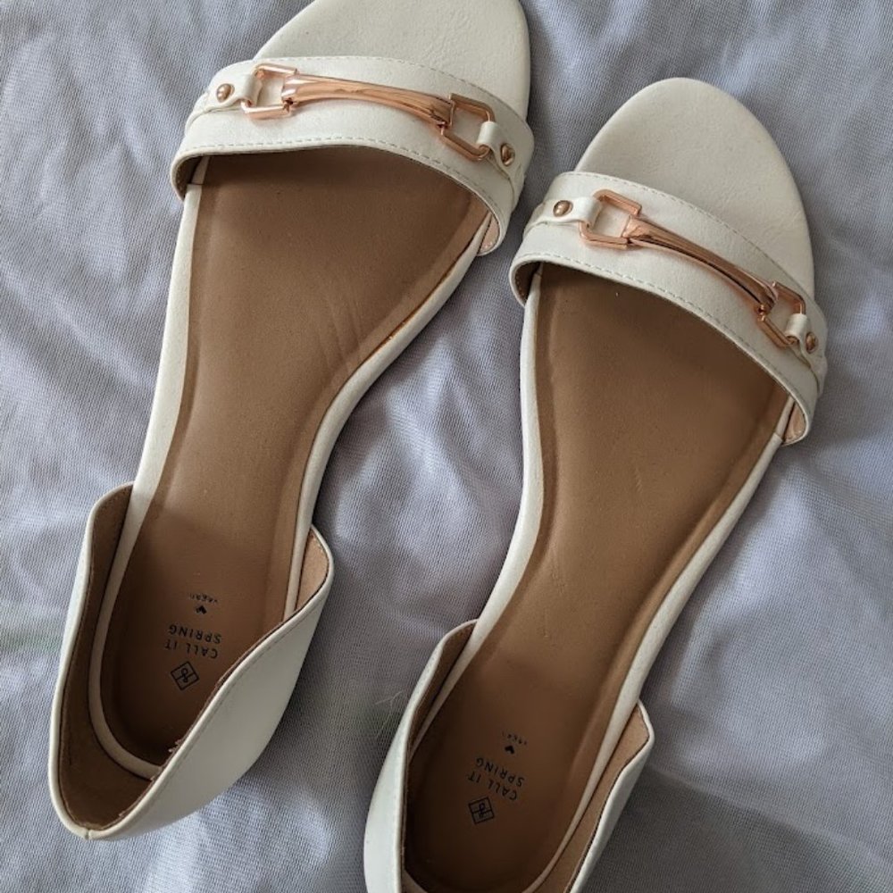 Call It Spring White Sandals with Rose Gold Detail. Size 11